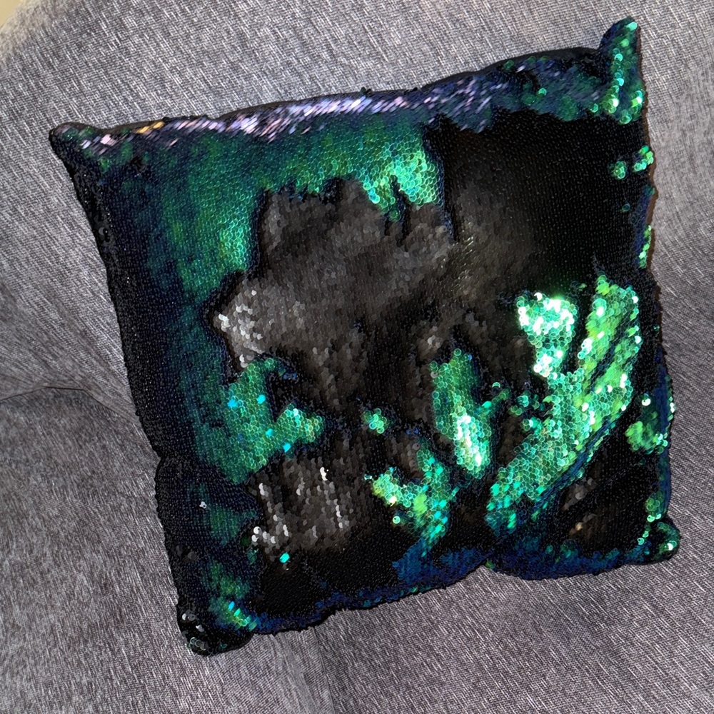 Blue Green Sequin Flip Black Plush Accent Pillow